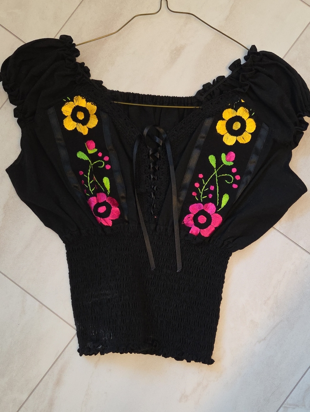 Black Embroidered Peasant Top with Pink & Yellow Floral Accents-NWOT